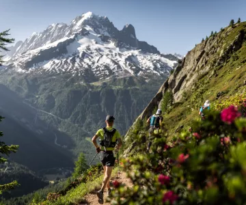 Coureurs sur un sentier avec un mont enneigé en arrière plan